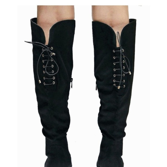 Top Moda Black Over-the-Knee Boots - Size 8, Suede-Like, Lace-Up Detail, New - Picture 2 of 8